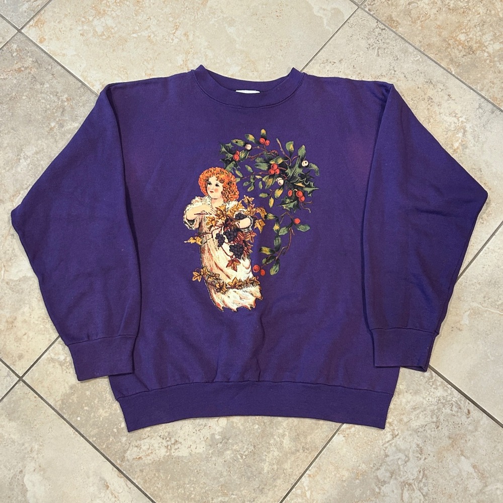 Vintage MBC Tultex Graphic Crewneck Men XL Purple Angel Floral Print USA 90s